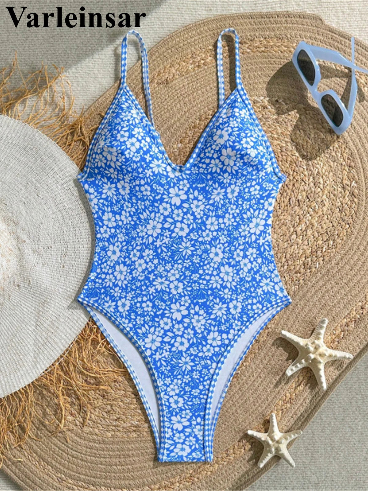 Damen Badeanzug Blumenmuster V-Ausschnitt High-Cut Monokini gepolstert Einteiler