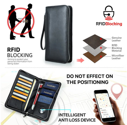 Schwarze Leder-Reisepasshülle mit RFID-Schutzgrafik und Handgelenkschlaufe