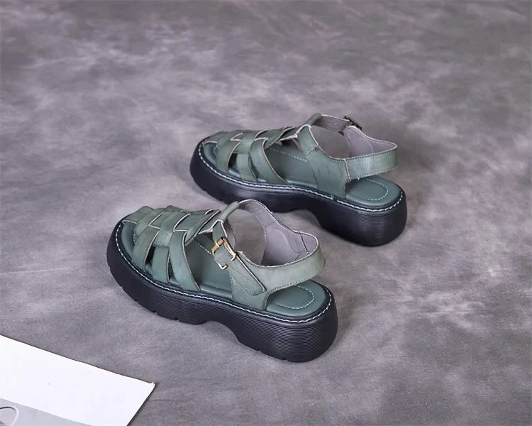 AIYUQI Sandalen Frauen Sommer 2025, Neue Echtes Leder Baotou Römischen Sandalen Damen Retro Hohl Gewebt Frauen Sandalen