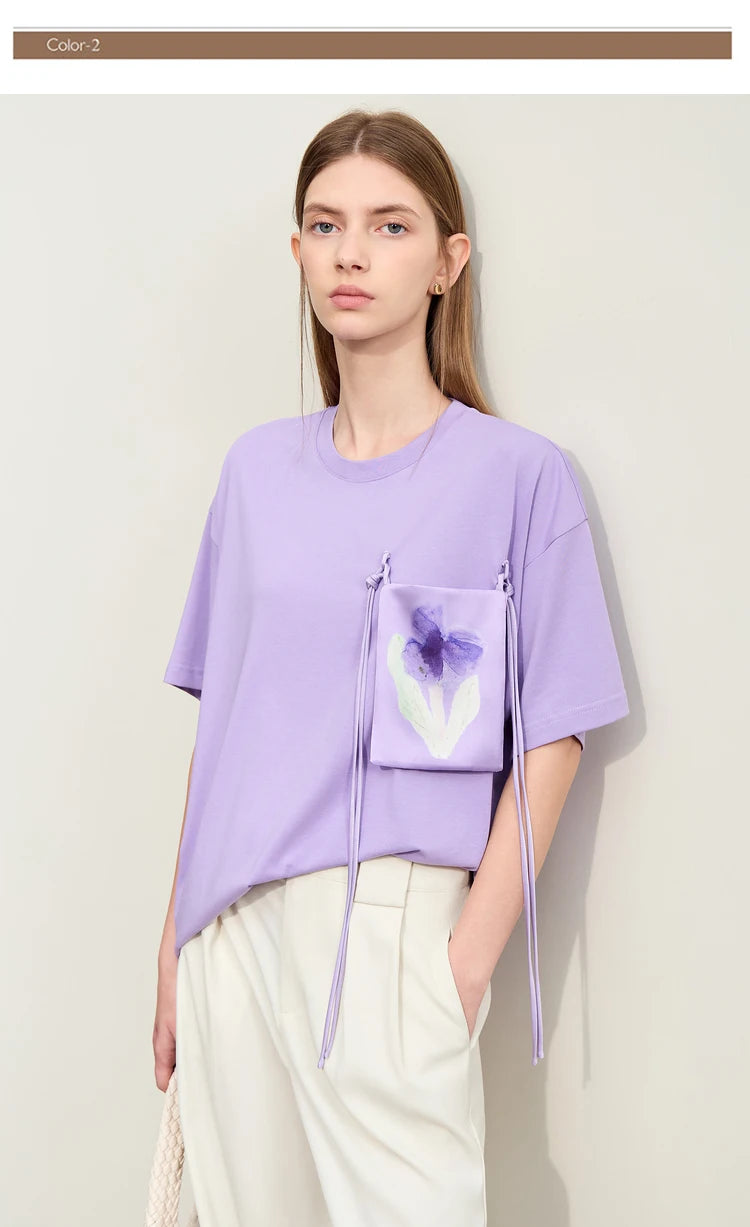 Damen T-Shirt im Minimalismus-Stil mit Taschen und elastischem O-Neck