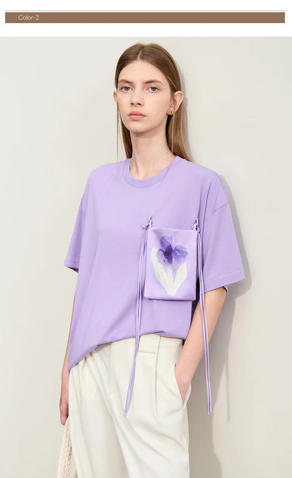 Damen T-Shirt im Minimalismus-Stil mit Taschen und elastischem O-Neck