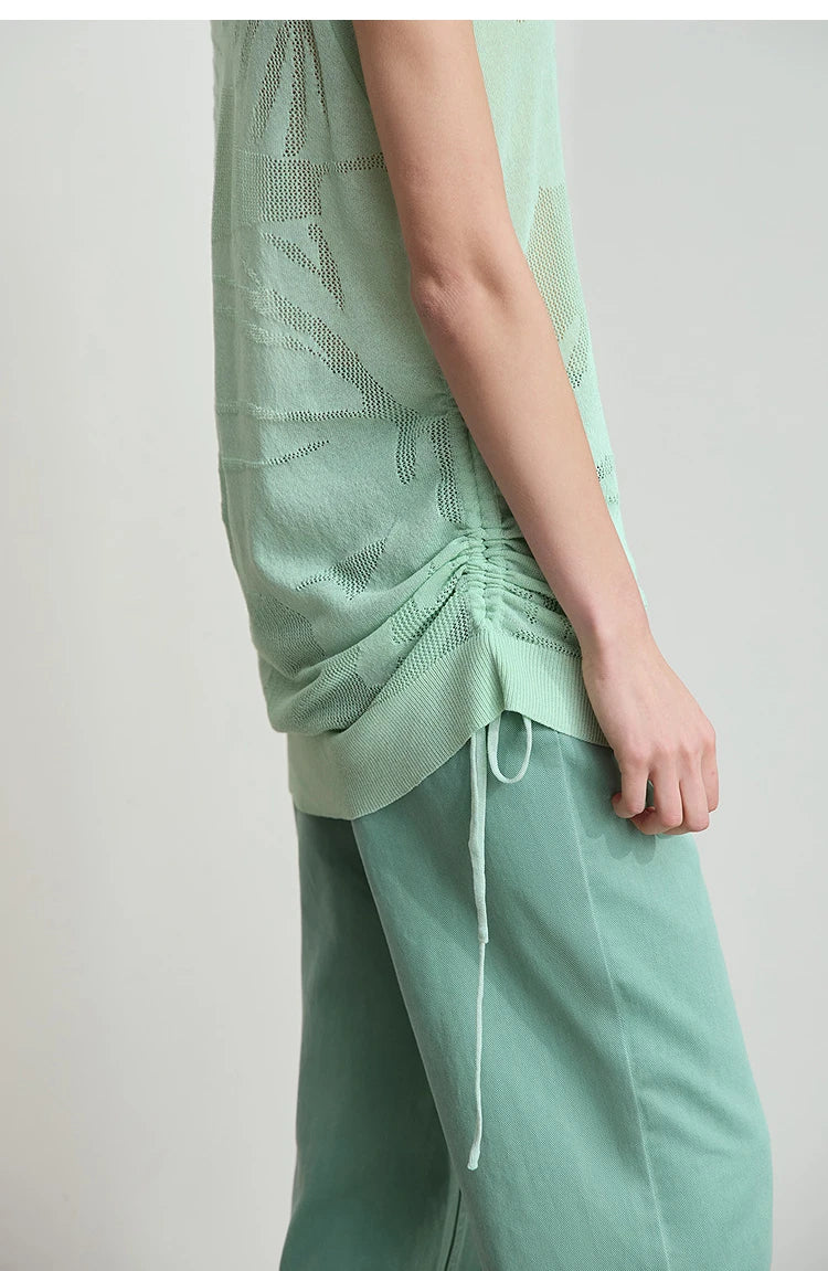 Hellgrünes Strick-Tanktop mit Rundhalsausschnitt, ärmellos, Saum mit Kordelzug