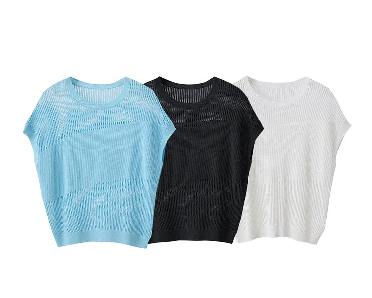 Damen-Wollstrickpullover mit Rundhalsausschnitt, Kurzarm, hellblau/schwarz/weiß