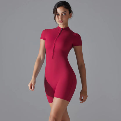Damen-Yoga-Bodysuit, kurzarm, Halber Reißverschluss, einfarbig, rot