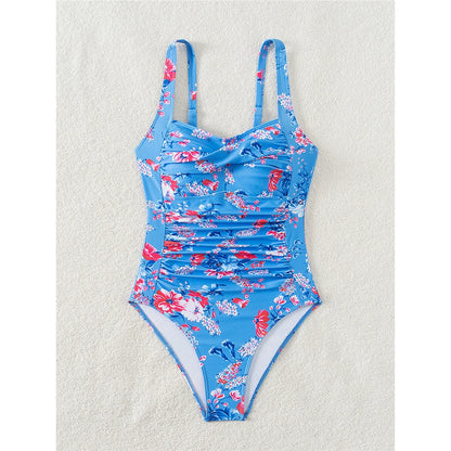 Damen Badeanzug Blumen gedruckt gerüscht hoher Beinausschnitt Monokini