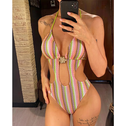 Damen Badeanzug gestreift bunt Neckholder Cut-Out hoher Beinausschnitt Monokini