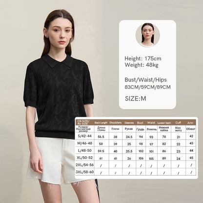 Damen-Strickpullover mit Reverskragen, kurzer Arm, schwarzer Jacquard, locker