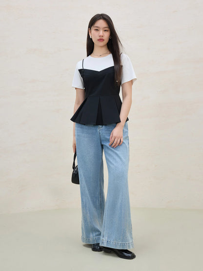 Damen-T-Shirt mit Fruchtprint und Kristalldesign – zweifarbiges, atmungsaktives Baumwollmischgewebe für lässigen Chic