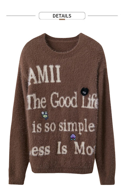 Brauner Damenpullover, O-Ausschnitt, Schrift- und Motiv-Print auf der Vorderseite