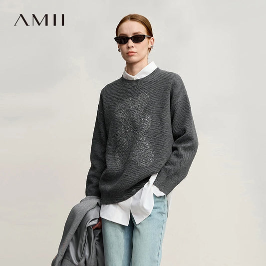 Damen-Rundhalspullover Jacquard Aushöhlung Perlenstickerei locker Winter