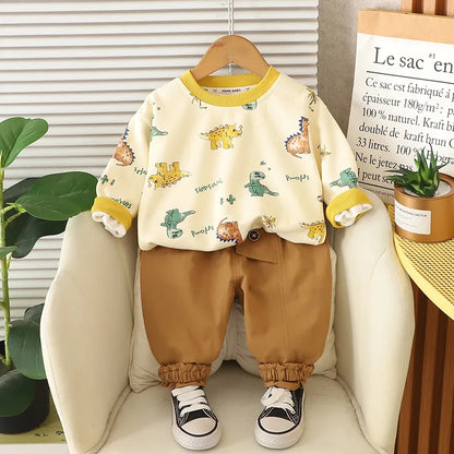 Kinder Hoodie-Set mit Cartoon-Dinosaurier-Pullover und lockeren Hosen für Jungen