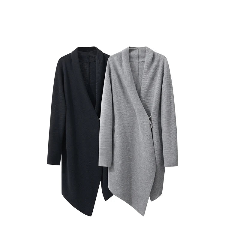 Damen-Strickjacke Wolle Umlegekragen lang locker Tasche Herbst