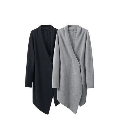 Damen-Strickjacke Wolle Umlegekragen lang locker Tasche Herbst