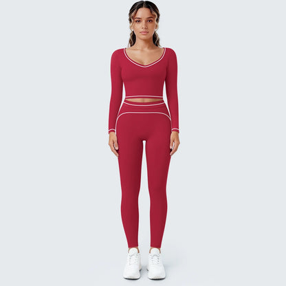 Damen-Yoga-Set rot: Langarmshirt mit V-Ausschnitt und Leggings mit Cut-out-Bund