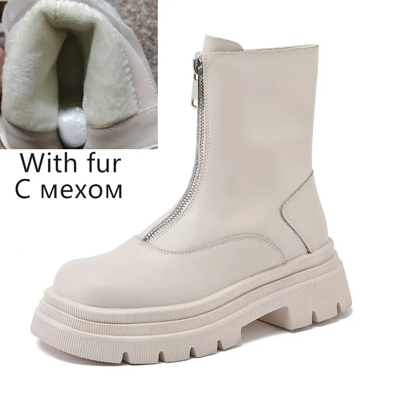 Cremefarbene Damen-Stiefelette mit Fellfutter, Reißverschluss und dicker Profilsohle