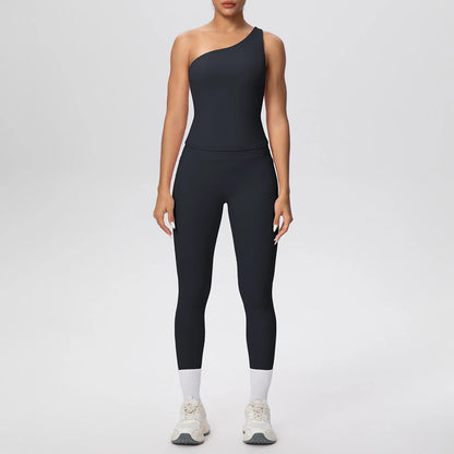 Yoga-Set aus ärmellosem Top und Leggings, schwarz mit hellem Beinabschluss