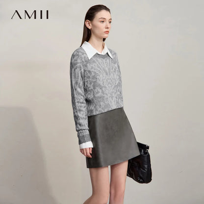 AMII Damenpullover mit Jacquardmuster, langem Ärmel und weißem Hemdkragen in Grau
