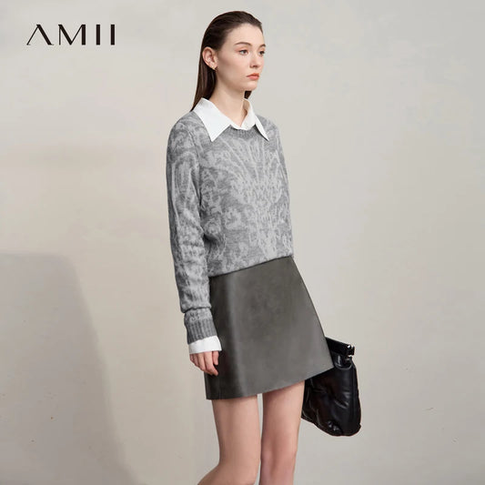 AMII Damenpullover mit Jacquardmuster, langem Ärmel und weißem Hemdkragen in Grau