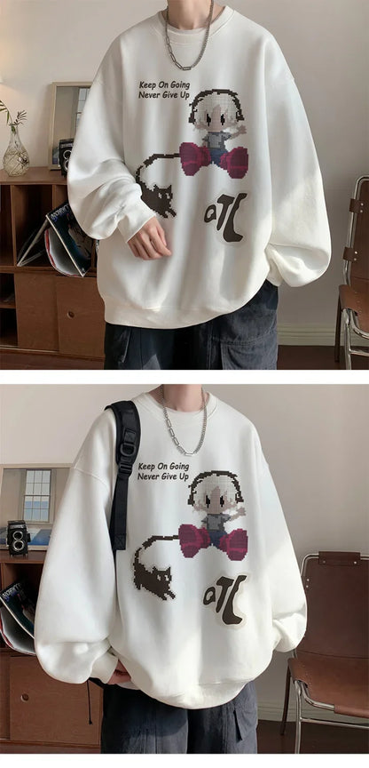 Vintage Oversize Herren-Sweatshirt mit Fist-Print und Rundhalsausschnitt – Herbst/Winter Langarmshirt mit Samtfutter im High-Street-Trend
