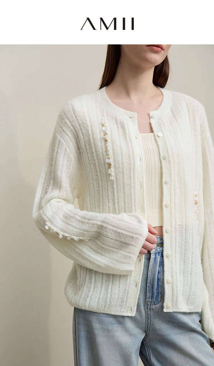 Damen-Strickjacke Rundhals Wolle locker überschnittene Schulter einreihig Frühling