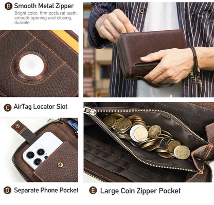 Braune Lederclutch: Metallreißverschluss, AirTag-Schlitz, separates Handy- und Münzfach