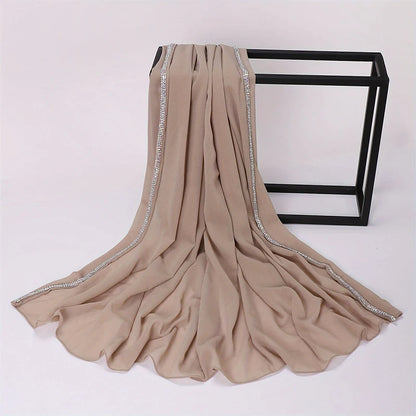 Damen Chiffon Hijab Schal Perlen Strass Glitzer Stirnband Foulard muslimisch