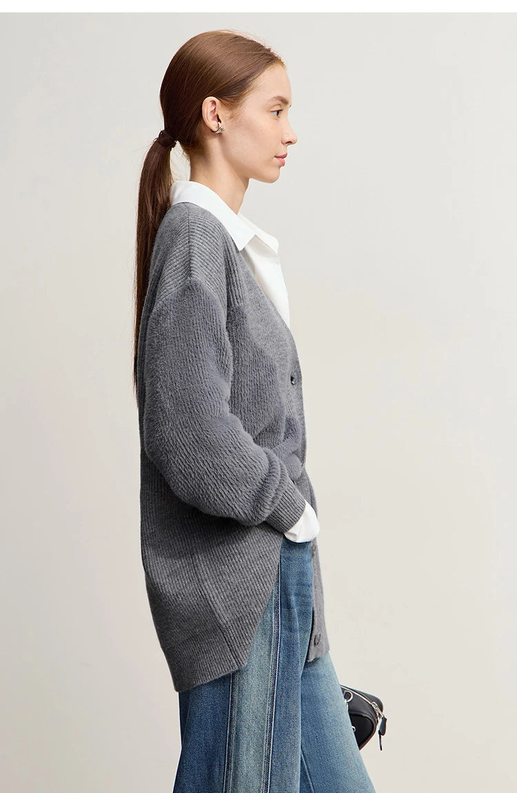 Damen-Strickjacke V-Ausschnitt dick warm locker elastisch Winter