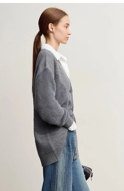 Damen-Strickjacke V-Ausschnitt dick warm locker elastisch Winter
