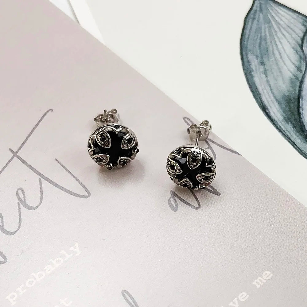 Damen-Ohrstecker Lotus schwarz glamourös Vintage aus Sterlingsilber