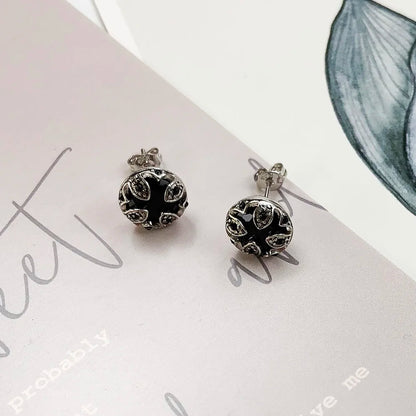 Damen-Ohrstecker Lotus schwarz glamourös Vintage aus Sterlingsilber