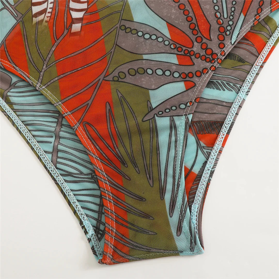 Damen-Badeanzug 3-teilig Print Langarm Sarong-Set gepolstert
