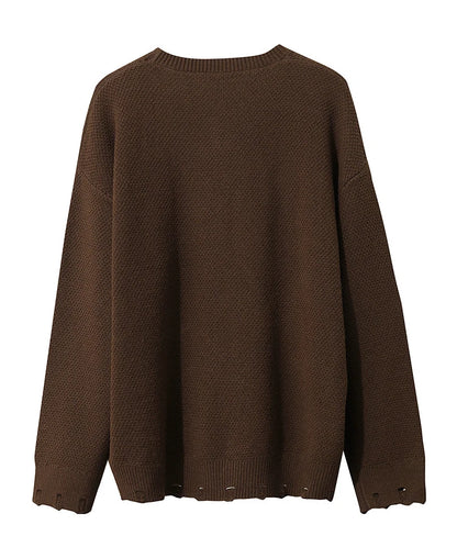 Damen-Rundhalspullover Jacquard Aushöhlung Perlenstickerei locker Winter