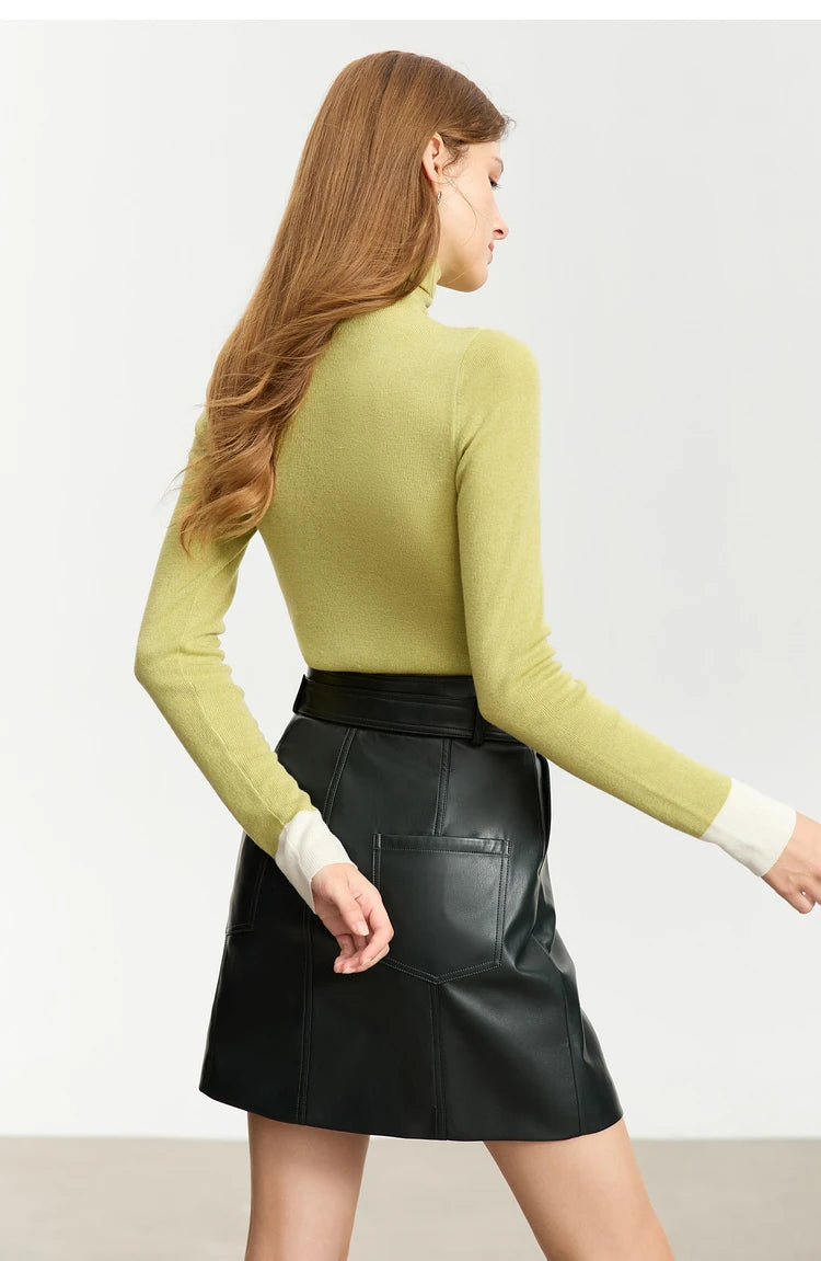 Damen-Rollkragenpullover Wolle Slim Patchwork-Splicing Herbst-Winter