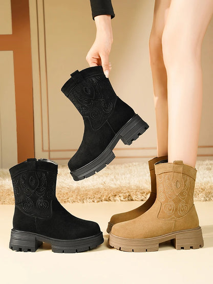AIYUQI Western Cowboy Boots Women 2025 New Genuine Leather Winter Shoes Boots Women Short Tube Fashion Women's Snow Boots