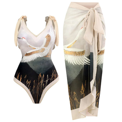 Damen Badeanzug Leopard Spleiß V-Ausschnitt mit Rock Monokini