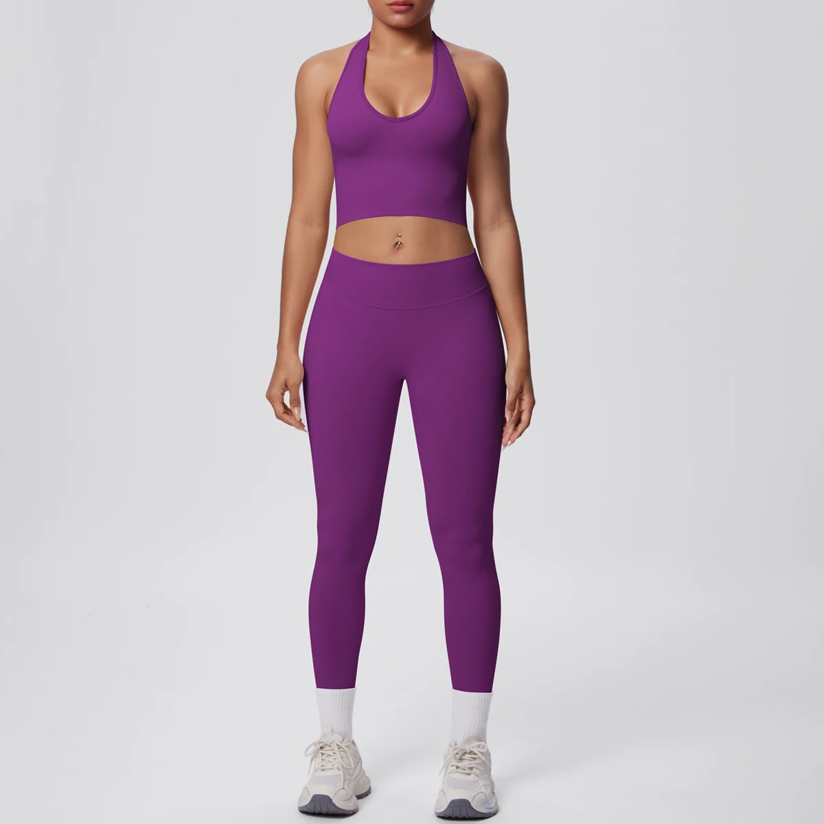 Hamidou Yoga-Set für Frauen in Lila: Sport-BH und Leggings mit hellem Saum