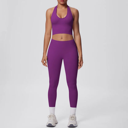 Hamidou Yoga-Set für Frauen in Lila: Sport-BH und Leggings mit hellem Saum