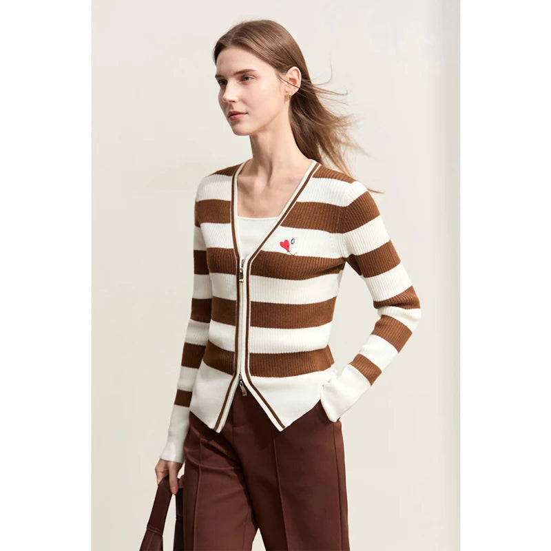 Damen-Strickjacke Kaschmir-Wolle Slim Streifen Reißverschluss Herbst