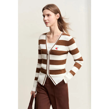 Damen-Strickjacke Kaschmir-Wolle Slim Streifen Reißverschluss Herbst