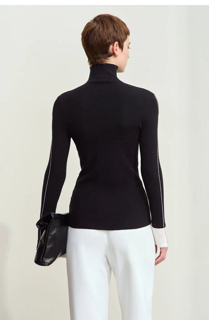 Damen-Rollkragenpullover Farbkontrast Slim Fit Langarm Frühling