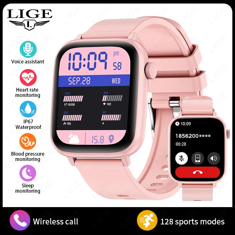 LIGE 2024 Männer Frauen Smart Uhr 1,83 Zoll Bluetooth Sprachanrufe Armband Informationen Warnungen Fitness Smartwatch Für IOS Android