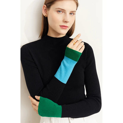 Damen-Halbrollkragen-Pullover Slim Farbkontrast Wolle-Mix Winter