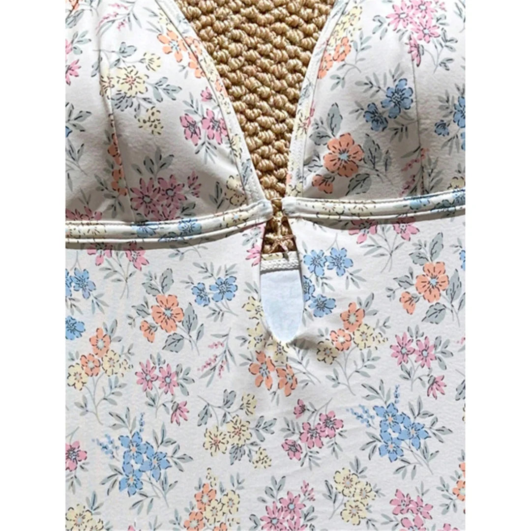 Damen Badeanzug Blumen V-Ausschnitt Neckholder Monokini hoher Beinausschnitt