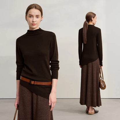 Damenpullover mit Halb-Rollkragen, asymmetrischem Schnitt, langarm, dunkelbraun