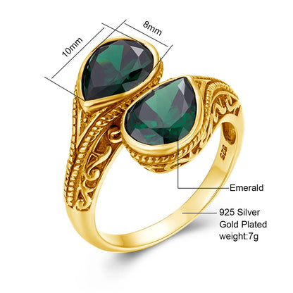 Damen-Ring tropfenförmiger Smaragd in Silber mit goldfarbener Beschichtung Ideal Als Hochzeits- oder Festgeschenk
