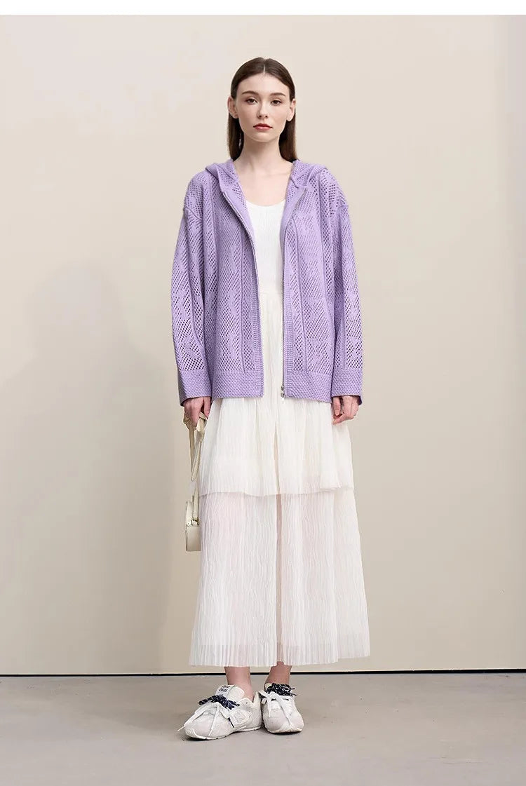Damen-Strickjacke Kapuze Jacquard Hohlstrick Doppelreißverschluss locker Frühling