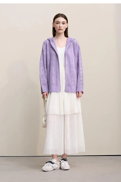 Damen-Strickjacke Kapuze Jacquard Hohlstrick Doppelreißverschluss locker Frühling