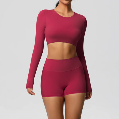 Damen-Yoga-Set mit Langarm-Crop-Top und High-Waist-Shorts, weinrot