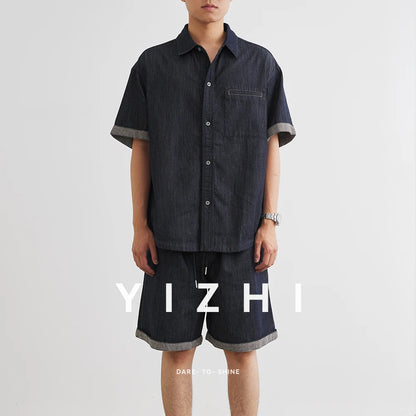 Männer Denim Anzug mit Revers Kurzarm Shirt und Shorts im Casual-Stil