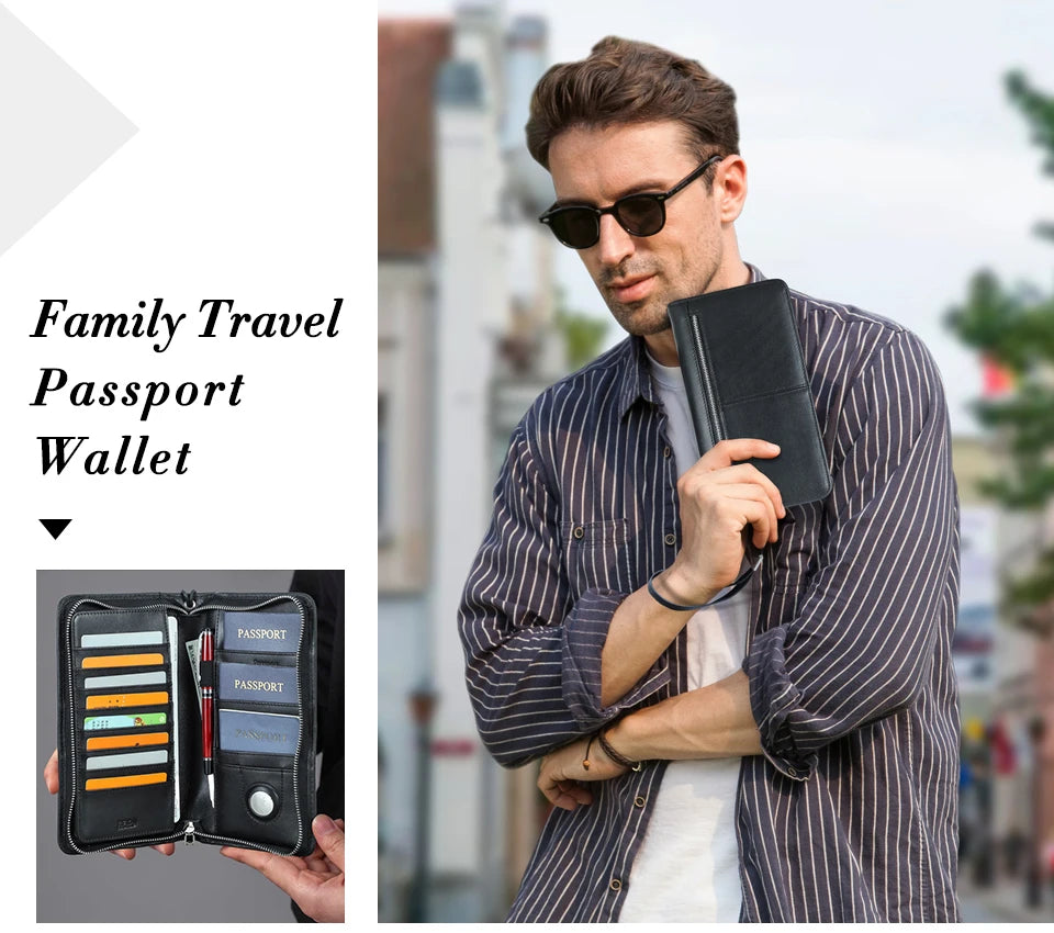 Schwarzes Familien-Reisepassetui aus Leder, mit Schlaufe und Reißverschluss, in der Hand